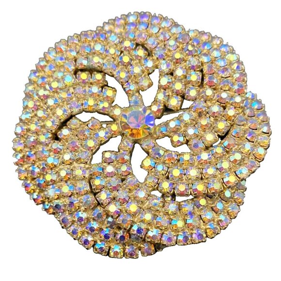 Vtg Brooch Rainbow AB Rhinestone Pinwheel Swirl Gold Tone Prom Wedding Pageant - Picture 1 of 7